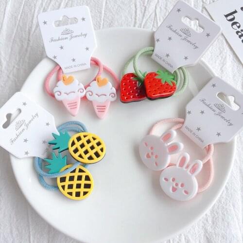 2pcs/set Cute Acrylic Fruit Pineapple Candy Elastic Hair Bands Sweet Kids Hair Ties Animal Rabbit Hair Ring Girls Scrunchies