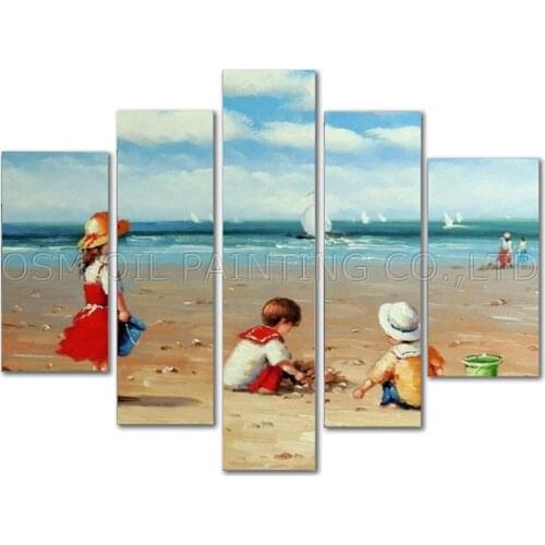Professional Artist Handmade High Quality 5 Panels Art Oil Painting on Canvas Kids Playing Oil Painting for Baby Room Wall Art