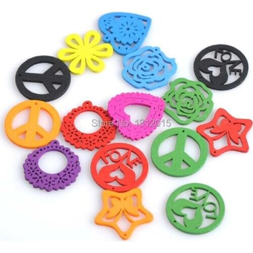 50pcs 25mm Flower/Heart Pattern Random Mixed Dyed Wood Scrapbooking Craft for decoration XD0130-1X