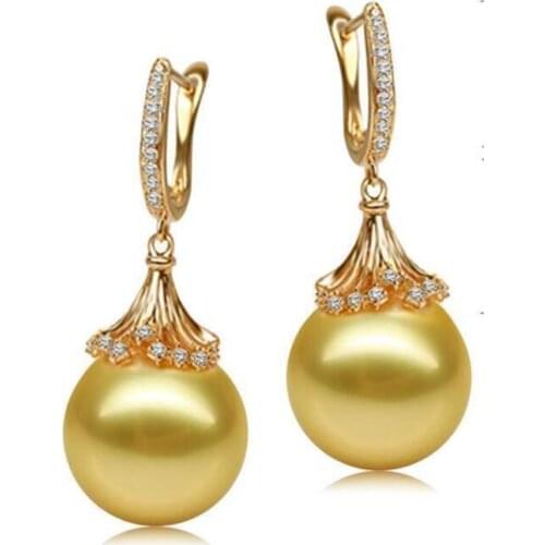 Free shipping charming 10-11mm south sea round gold pearl earring 18k
