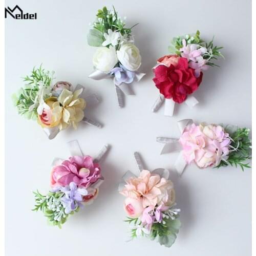 Meldel Wedding Boutonniere Groom Corsage Bridal Wrist Corsages Bracelet Artificial Rose Hydrangea Flowers Pink Marriage Supplies