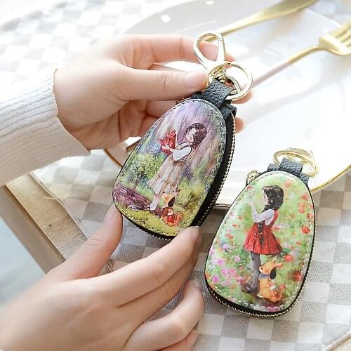 Cartoon Painted Design Car Keyring Bag Women Pu Leather Key Wallets Housekeepers Car Key Holder Case Auto Keychain Pouch