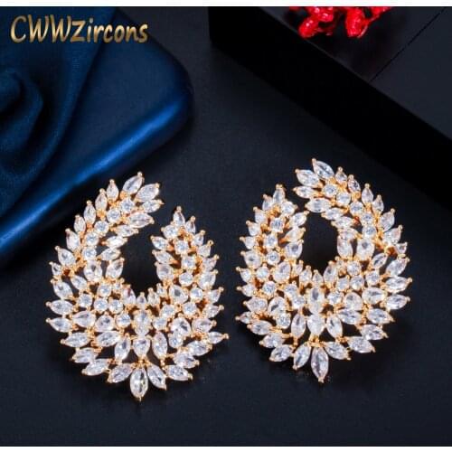 CWWZircons Symmetrical Cubic Zirconia Gold Color Large Stud Earrings for Women Luxury Engagement Wedding Party Jewelry CZ819