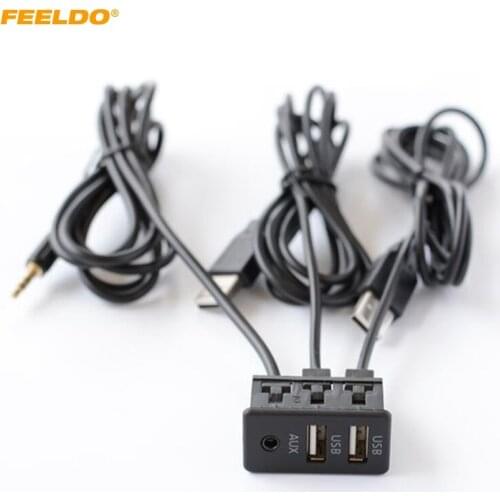 FEELDO Car Universal AUX IN Flush Mount Cable Double USB Sockets 3.5mm Male Jack Mounting Modified AUX Cable Adapter #HQ6887