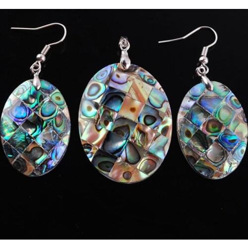 Jewelry Set For Lady Gift Natural New Zealand Abalone Shell Oval Beads Earring Pendant & Necklace Chain 45cm TQ3007