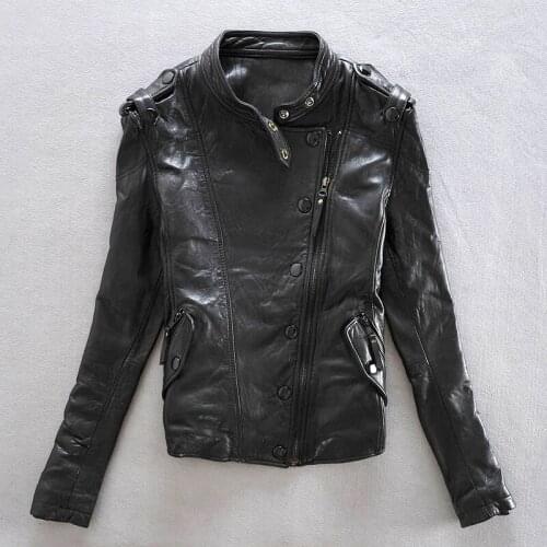 Fashion genuine women black sheepskin womens slim fit motorcycle jacket ladys real leather coat