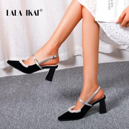LALA IKAI Wedding Shoes Woman 2020 Pointed Toe Crystal Pearls Bling High Heels Shoes Black Velvet Sandals Party Pumps XWC10239-4