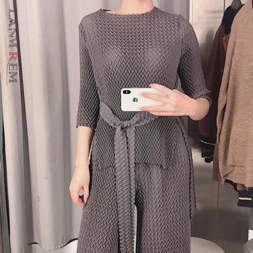 LANMREM 2021 New Autumn Summer Fashion Women Clothes O-neck Three Quarter Sleeves Pleated Shirt And Pants Set Separately WK50502