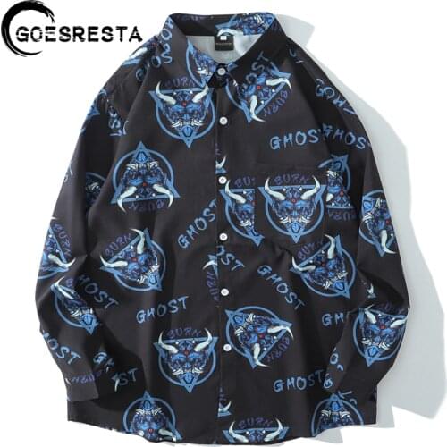 2020 New Retro Hip Hop Fashion Shirt Oversized Men Streetwear Devil Print Long-sleeved Shirts Harajuku Casual Brand Mens Shirt