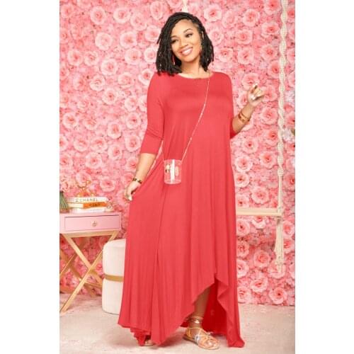 New Fashion Sexy Womens Solid Color Round Neck Five-Point Sleeves Hem Asymmetrical Ultra-Wide Flared Dress [With Pockets]