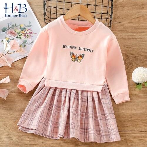Humor Bear Girls Dress New Spring Autumn Long Sleeve Cartoon Printed Fake Two Piece Casual Toddler Kids Clothes