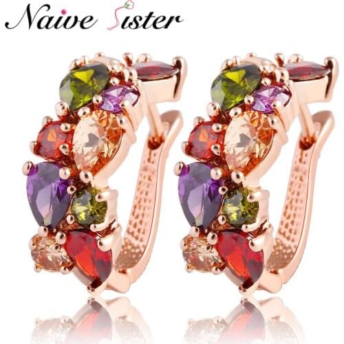 Luxury Rose Gold color Mona Lisa Stud Earrings For Women with Colorful Zircon Multicolor Crystal Wedding Jewelry Bridal Earring