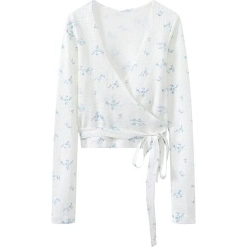 Sweet Girls Soft Cotton V Neck Shirt 2021 Summer Fashion Ladies All-match Women Blue Rose Floral Wrap Long Sleeve Shirt