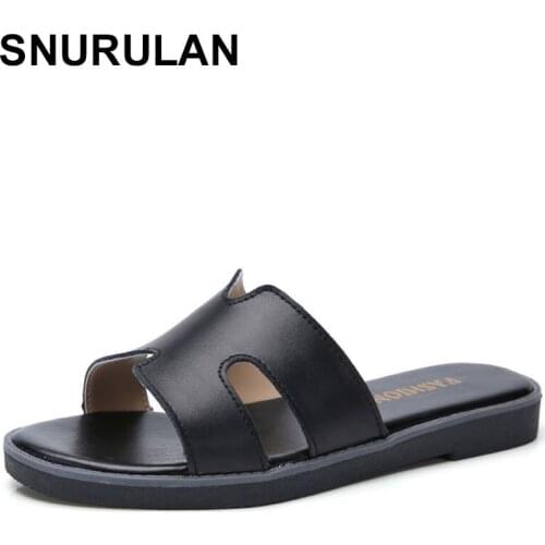 SNURULAN Womens Summer Fashion H shaped Leather Flat Heel Outdoor Slippers Casual Beach Slippers