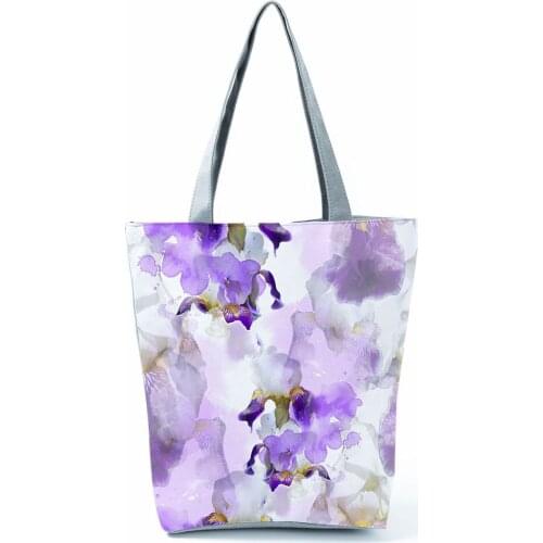 Watercolor Printed Handbag High Capacity Purple Floral Shopping Bag Art Ladies Casual Eco Reusable Shoulder Bag Custom Pattern