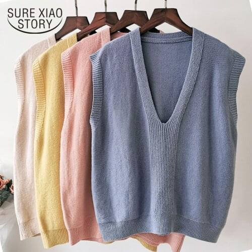 Loose Solid Sweater Vests Knitted Sweater Fashion Sleeveless Simple V-neck Sweater Vest Women Chic Vest Female Autumn 11984
