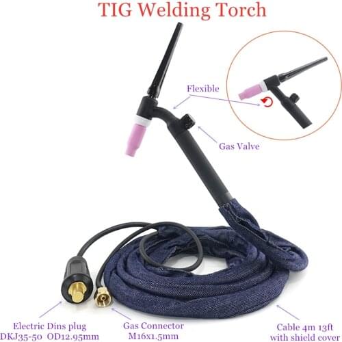 WP17-FV TIG Torch GTAW Tungsten Arc Welding Torch WP17 Argon 4m 13ft Air Cooled WP-17 Flexible Gas Valve TIG Welding Gun