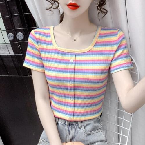 Rainbow stripes French square neck short-sleeved t-shirt women summer new Korean fashion self-cultivation wild ins shirt