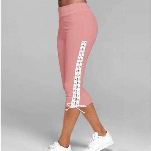 Women Pants 3/4 Cropped Trousers Running Pants Fitness Sweatpants Side Lace Up Hollow Out Bottoms High Waist Slim Capri Pants