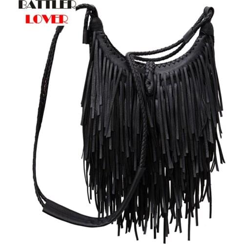 Women Genuine Cow Leather Crossbody Bags New Tassel Design Shoulder Purses For Female Messenger Totes Ladies Knitting Satchels
