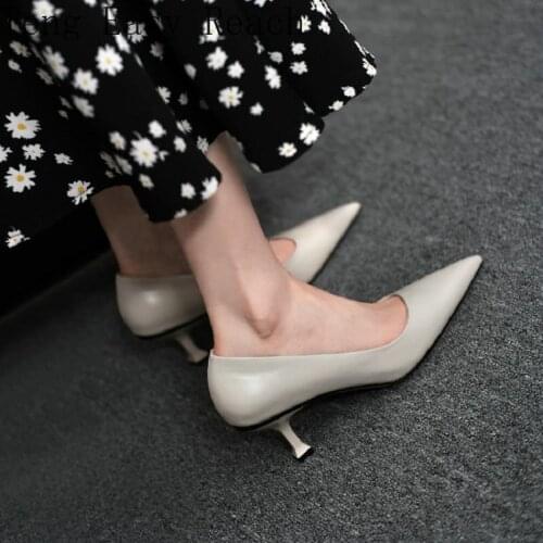 2021 Genuine Leather Simple Concise Women Designers Pointed Toe Office Working Shoes Thin High Heels Woman Stilettos Pumps
