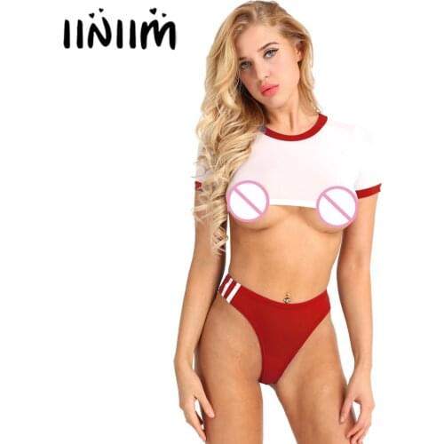 Women School Girl Bodysuit Lingerie Set Sheer Crop Top with Open Crotch High Cut Briefs Underwear Adult Sexy Exotic Costume