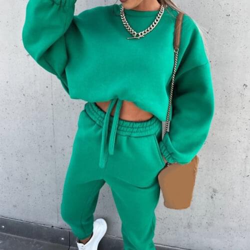 Women Solid Casual Hoodies Suits O-neck Long Sleeve Pullover Tops Drawstring Jogging Trousers Fashion Two Pieces Set For Female