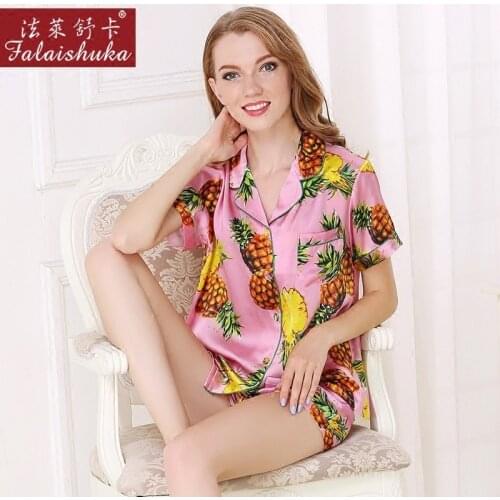 Summer 100% silk women shorts pajamas sets women short sleeves fashion elegant cartoon nighty women pyjamas sexy shorts pijamas
