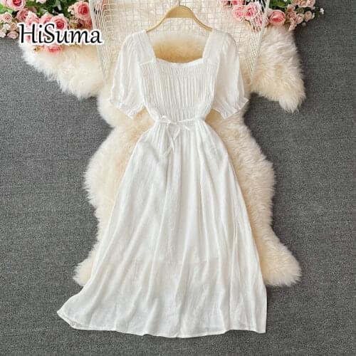 2021 summer new women square collar puff sleeve cotton with linen A-line dress female Chic elegant lace-up waist dresses