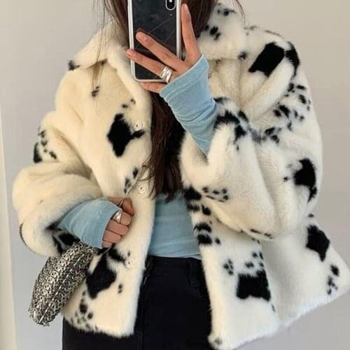 Winter Cow Pattern Faux Mink Fur Coats Women Long Sleeve Turn-down Collar Thick Coat Korean Fashion Warm Fur Cropped Jacket New