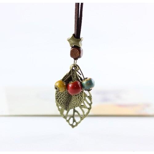 12 Pieces/Lot Hollow Leaves Charm Necklace For Women Chains Ceramic Beaded Star Chokers Leather Rope Ethnic Jewelry Accessories