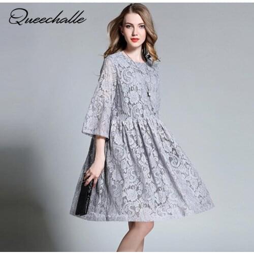 Queechalle 2021 Summer Dress female hollow out floral lace dress pleated A-line dresses 3XL 4XL plus size women dress gray navy