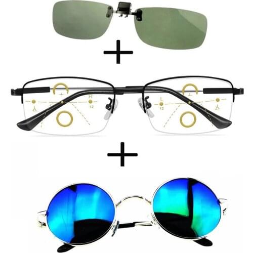 3Pcs!!! Titanium Progressive Multifocal Reading Glasses Men Women + Alloy Polarized Sunglasses High Quality + Sunglasses Clip