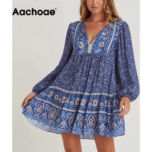 Aachoae Women Boho Floral Print Summer Dress Lantern Long Sleeve Loose Mini Dress Ladies V Neck Holiday Beach Dresses Vestidos