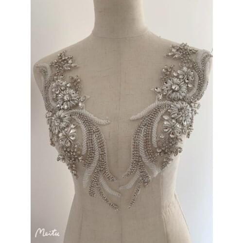 French Crystal Bodice Patch Rhinestone Flowers Applique For Haute Couture Bridal Dress Dance Costume