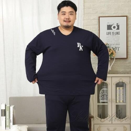 Free shipping 2020 mens autumn and winter pure cotton long-sleeved trousers pajamas suit V-neck plus fat plus size solid color