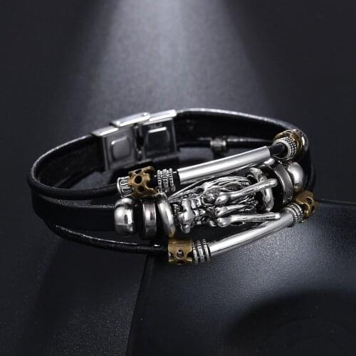 Alloy Bracelets Bangle Black Resin Jewelry Tibetan Silver Men Beaded Dragon Multilayer Leather Bracelet Fashion Male Vintage