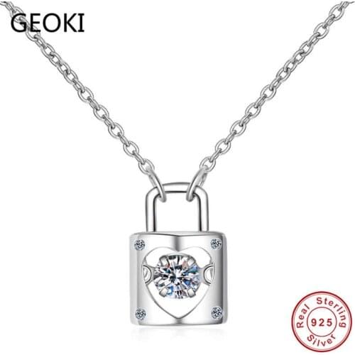 Geoki Passed Diamond Test 925 Sterling Silver Perfect Cut 0.3 ct Heart Moissanite Lock Pendant Necklace Women Wedding Jewelry