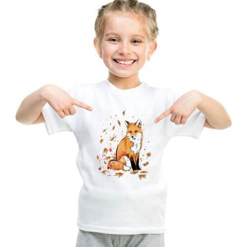 Boys and Girls Fox In The Snow Cartoon Fox Print T Shirt Kids Funny Clothes Animal Cute Summer White T-shirt BAL102