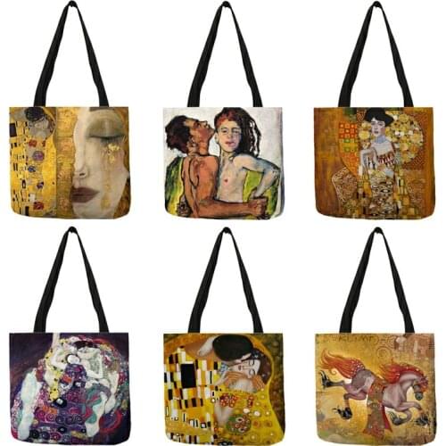Customized Oil Painting Tears Linen Cloth Tote Bags For Women Gustav Klimt Ladise Fashion Handbag Large Capacity Shopping Totes