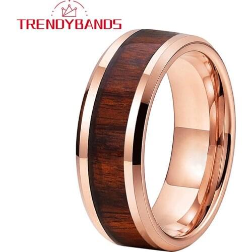 8MM Rose Gold Wood Inlay Men Women Tungsten Rings Wedding Band Beveled Edges Polished Shiny Comfort Fit