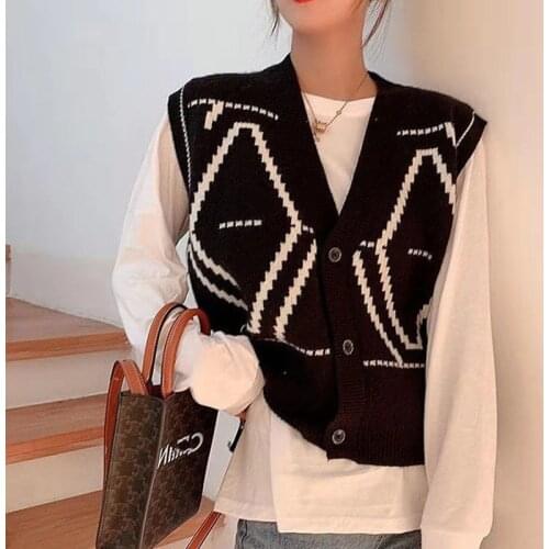 Fashionable Stylish Coat Vest Rhombus Plaid V-neck Sleeveless New Spring and Autumn Womens Clothing Sweater