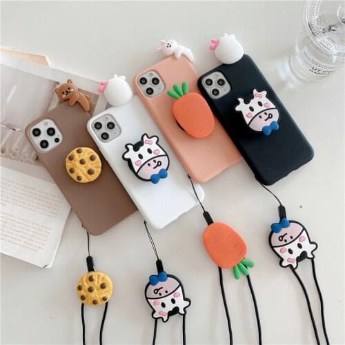 3D cartoon milk cow bunny biscuit bear holder stand starp lanyard soft phone case for iphone 12 11 Pro Max X XR 7 8 plus cover