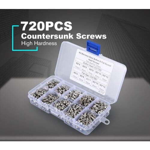 720PCS Stainless Steel Inox Hex Socket Flat Countersunk Head Cap Allen Key Head Screws Set Assortment Kit M3*4/6/8/10/12mm