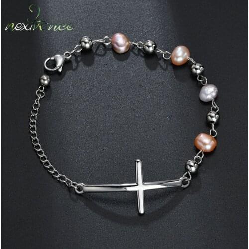 Nextvance Silver Color Cross Freshwater Pearls Pendant Bracelets Stainless Steel Beaded Bracelet for Girlfriend Amulet Jewelry