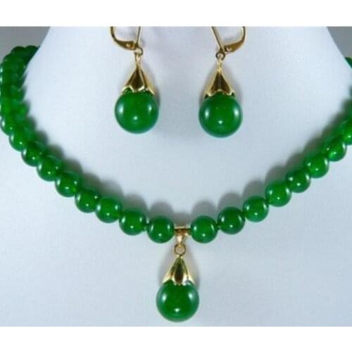 Free shipping Fashion 10mm nature Green jade Dangle Earring necklace 18" set