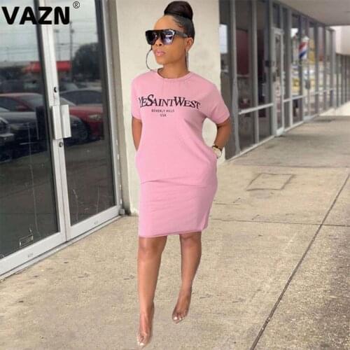 VAZN Letter Print Holiday V-neck A-line Party Street Night Club Sexy Slim Young Dress 2020 Short Sleeve dress Lady Dress
