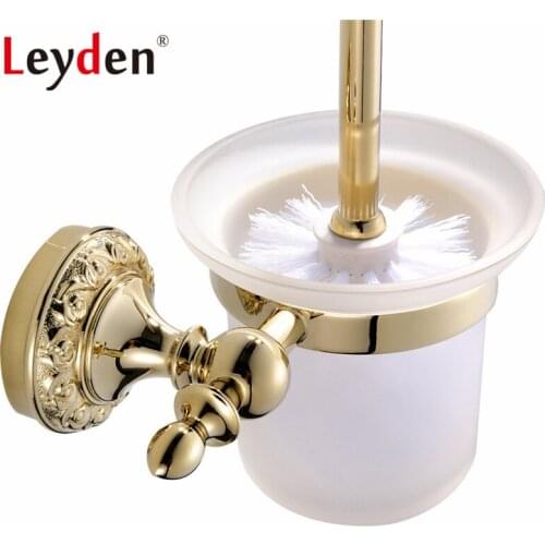 Leyden Luxury Brass Toilet Brush Holder Wall Mounted Toilet Brush Set Ceramic Toilet Brush Holder Golden Bathroom Accessories