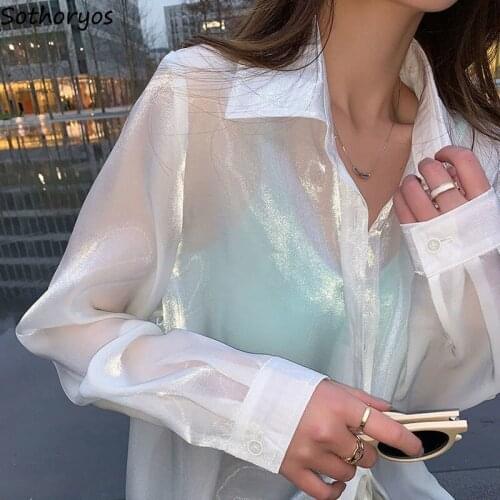 Sexy Long Sleeve Shirts Women Elegant Tender Solid Simple Loose Spring Summer Sun Protection Outerwear Oversize Transparent Chic