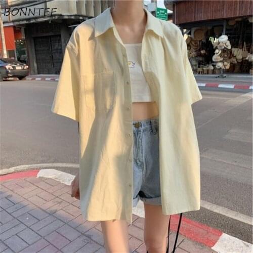 Shirts Women Simple Pure Color Loose Retro Tender Female Pockets Design Basic Blusas Ulzzang Casual All-match Summer Half Sleeve